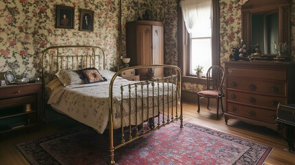 Fototapeta premium Vintage Brass Bed with Elegant Floral Wallpaper in Charming and Cozy Bedroom Interior Design Antique Furniture and Dcor Create a Timeless Nostalgic Atmosphere