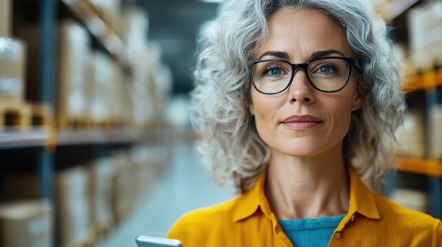 A senior woman with gray hair, wearing glasses and a yellow coat, holding a tablet and standing confidently in a well-organized warehouse with shelves of boxes. - Powered by Adobe
