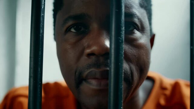 Close up of a middle aged African American male prisoner in an orange uniform against a background of metal bars looks at the camera. The criminal serves his sentence in a prison cell. FHD video.