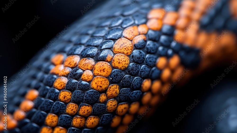 Poster a close-up photograph emphasizing the unique and vivid pattern of dark blue and orange scales on a s