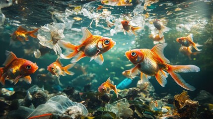 Goldfish swim amidst plastic waste in a polluted ocean, highlighting the severe impact of marine pollution on aquatic life.