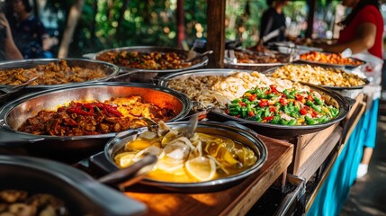Fototapeta premium A colorful local food fair with stalls representing various regional cuisines, from spicy street food to rich, hearty dishes, showcasing the area's culinary diversity.