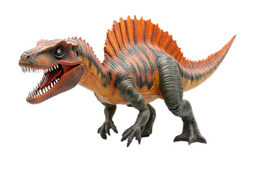 Obraz premium Spinosaurus toy figure with sail-like back, sharp teeth, detailed orange and black texture, roaring dinosaur model