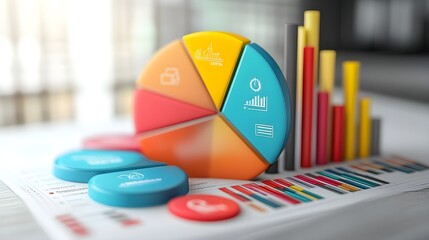 Fototapeta premium Colorful Pie Chart and Bar Graph on Desk - Data Analysis Concept