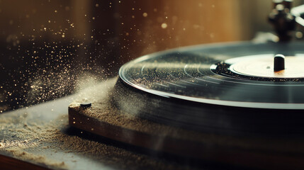 Fototapeta premium A close-up of a spinning vinyl record with visible dust particles, evoking a nostalgic and retro vibe, highlighting the charm of analog music. 