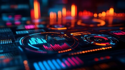 Obraz premium Digital Interface with Charts and Graphs in Neon Lights