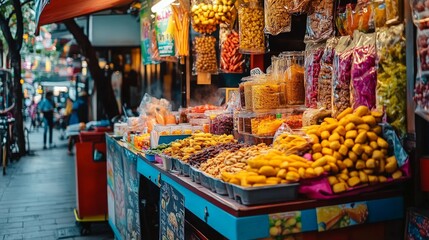Obraz premium A colorful street food vendor offering local delicacies, from savory snacks to sweet treats, in a bustling neighborhood known for its culinary heritage.