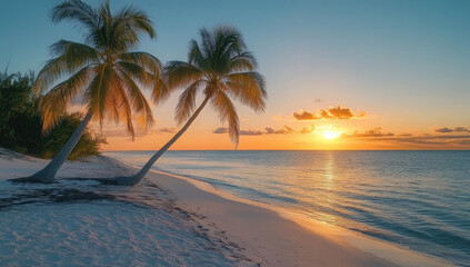 Fototapeta premium Two palm trees stand on a white sand beach at sunset with the sun reflecting on the water.