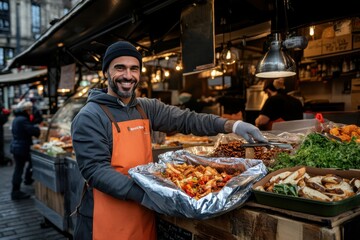 Obraz premium A cheerful street food vendor, dressed in a beanie and apron, enthusiastically serves a freshly cooked, colorful dish to customers. This image captures culinary passion and street food culture.