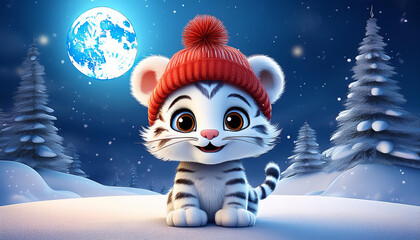 A cute baby tiger wearing a red hat sits on the snow