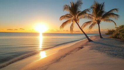 Two palm trees stand on a white sandy beach at sunset, the sun reflecting on the calm water.