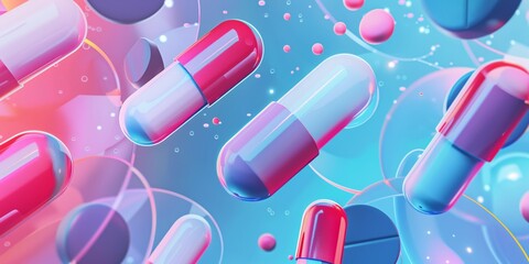 Abstract background with pills and drugs and abstract blue background with overlaid geometric shapes, minimalistic design.