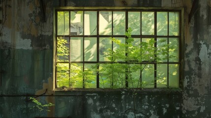 Sunlight streams through a window in an abandoned building, illuminating young plants growing inside. This image captures the beauty of nature reclaiming urban spaces, juxtaposing decay with new
