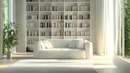 A bright minimalist home library featuring a large white bookshelf partially filled with books, an armchair, and a potted plant in a sunlit room.
