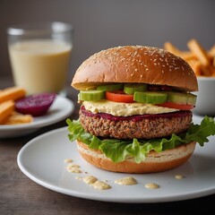 Restaurant burger hamburger cheeseburger dinner.Unhealthy sandwich meal lettuce beef meat tomato fast food bread cheese grilled onion bun ready-to-eat bacon gourmet ketchup french fries Photography