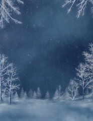 snow covered tree - abstract winter dark blue snow background - Generative AI