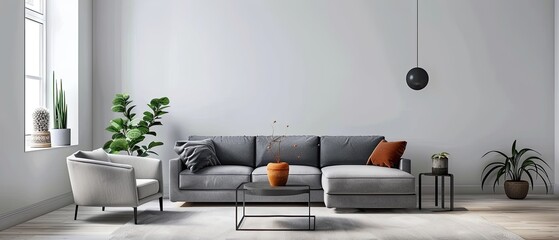 Modern Living Room with Grey Sofa, Minimalist Decor, and Natural Light