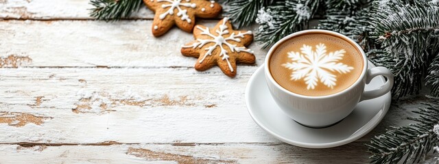 Cup of coffee with snowflake latte art beside gingerbread cookies and frosted pine branches on a snow-dusted wooden surface