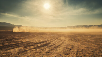 Fototapeta premium A large dust storm moves across an arid desert under a bright sun with a distant mountain range in the background.