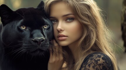 A beautiful young woman holding a black panther