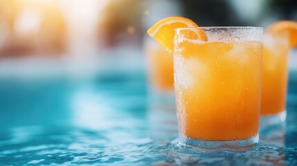Two refreshing cocktails adorned with orange slices are set against the backdrop of a sparkling pool, embodying the essence of a perfect summer day filled with leisure and enjoyment.