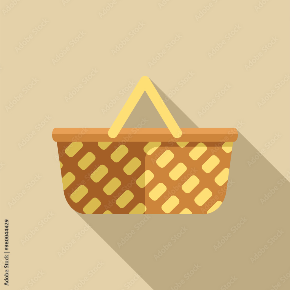 Poster empty wicker picnic basket with a checkered pattern is casting a long shadow on a light brown backgr