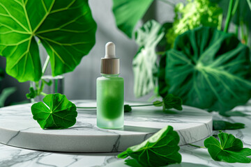 skincare bottle on a marble podium surrounded by centella leaves