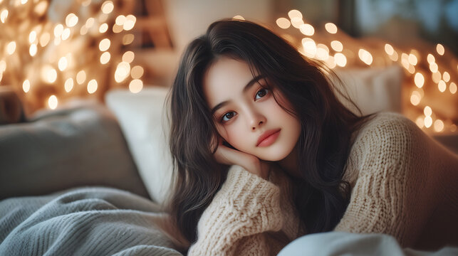 beautiful korean brunette woman in her 20s relaxing under blanket on sofa; cozy, bright insides with warm lights; copy space