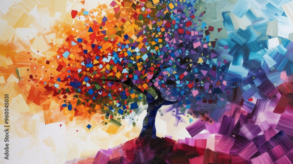 Poster captivating abstract artwork featuring a tree with multicolored geometric leaves and dynamic brushst