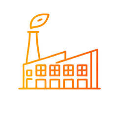 Obraz premium Vector line art of eco-friendly factory with leaf symbol, gradient orange tones, sustainable industry concept