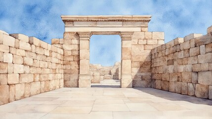 A stunning ancient stone gateway surrounded by weathered walls, capturing the essence of historical architecture in a serene landscape.