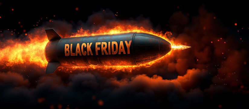 A Fiery Rocket Emblazoned With Black Friday Soars Through Dark Clouds in a Dramatic Sky
