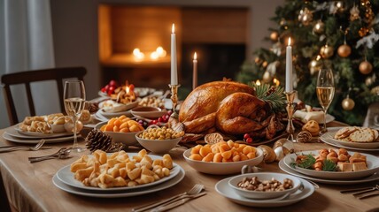 Fototapeta premium Festive Christmas Dinner Table with Elegant Setting and Holiday Decorations