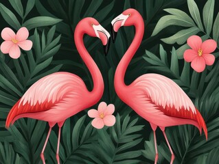 Naklejka premium Two elegant flamingos surrounded by lush greenery and vibrant flowers, symbolizing love and tropical beauty.