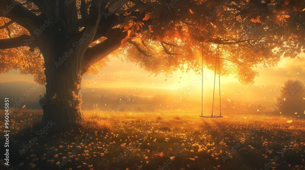 Poster an empty swing hangs from a large tree, bathed in the golden light of a sunset. the surrounding fiel