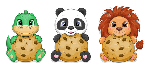 Set of cute cartoon animals with cookies. Lion, panda and dinosaur vector illustration on a white background. © Olena