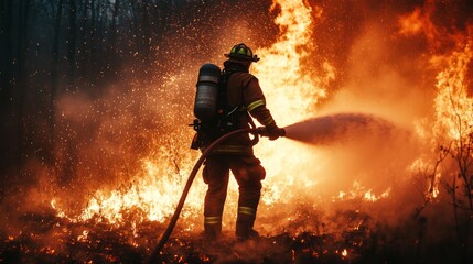 Firefighter Battling Intense Wildfire in Forest