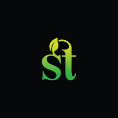 ST Letter Initial Logo Design  with Leaf Template Vector Illustration