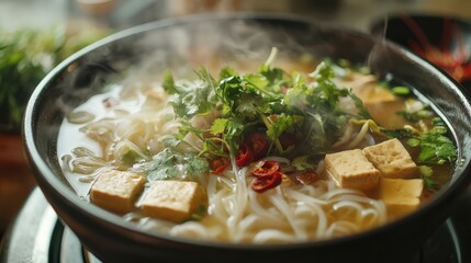 This vibrant vegan pho noodle soup features gluten-free noodles, tofu, and an assortment of fresh herbs, ideal for various dietary needs including autoimmune protocol