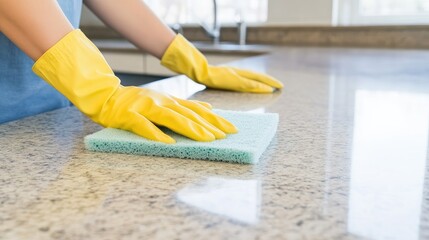 A person in rubber gloves is diligently cleaning a wooden countertop with a green sponge. A tidy kitchen filled with light enhances the ambiance of cleanliness