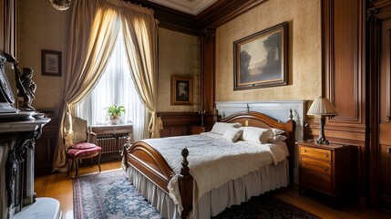 A lavish and elegant Victorian style bedroom with a grand ornate bed heavy velvet drapes and a beautiful marble fireplace creating a cozy and luxurious ambiance