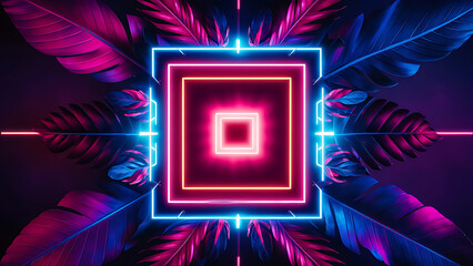 Fototapeta premium Black Friday Lighting Background, A vibrant neon geometric design with glowing squares, surrounded by large tropical leaves in striking shades of blue, pink, and purple.