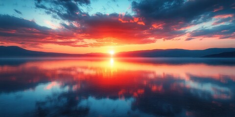 Fototapeta premium Vibrant Sunset Reflected in Calm Water with Mountains in the Background
