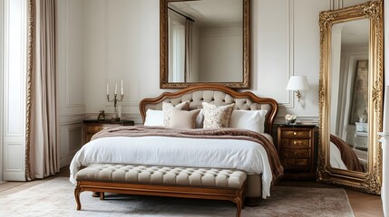 Elegant and timeless traditional bedroom featuring a classic sleigh bed a tufted bench and a large gilded mirror creating a cozy and serene atmosphere