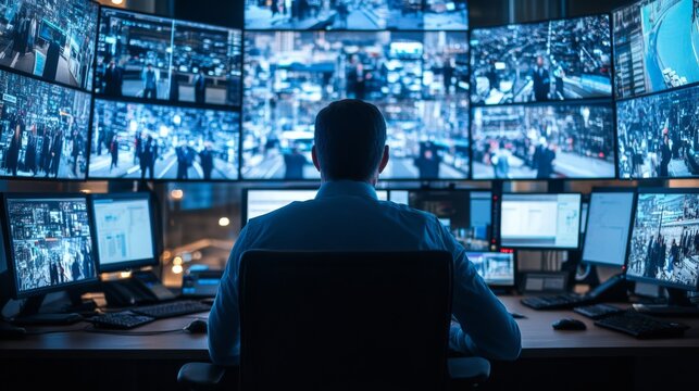 Surveillance Control Room Monitoring Live Feeds