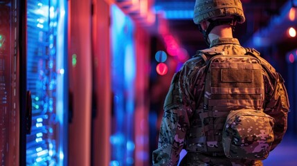 Fototapeta premium A man in a military uniform is standing in front of a computer server room