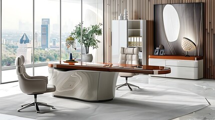 Describe the modern functionality of a home office with ergonomic furniture 