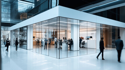 Fototapeta premium Modern office interior with large glass walls, people working and walking in an open and spacious environment. The office is well-lit with contemporary furniture and design.