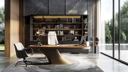 Describe the modern functionality of a home office with ergonomic furniture 