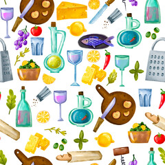 Seamless pattern with food. Delicious cooked dishes and ingredients. Dinner and lunch. Background for restaurants and design, decor